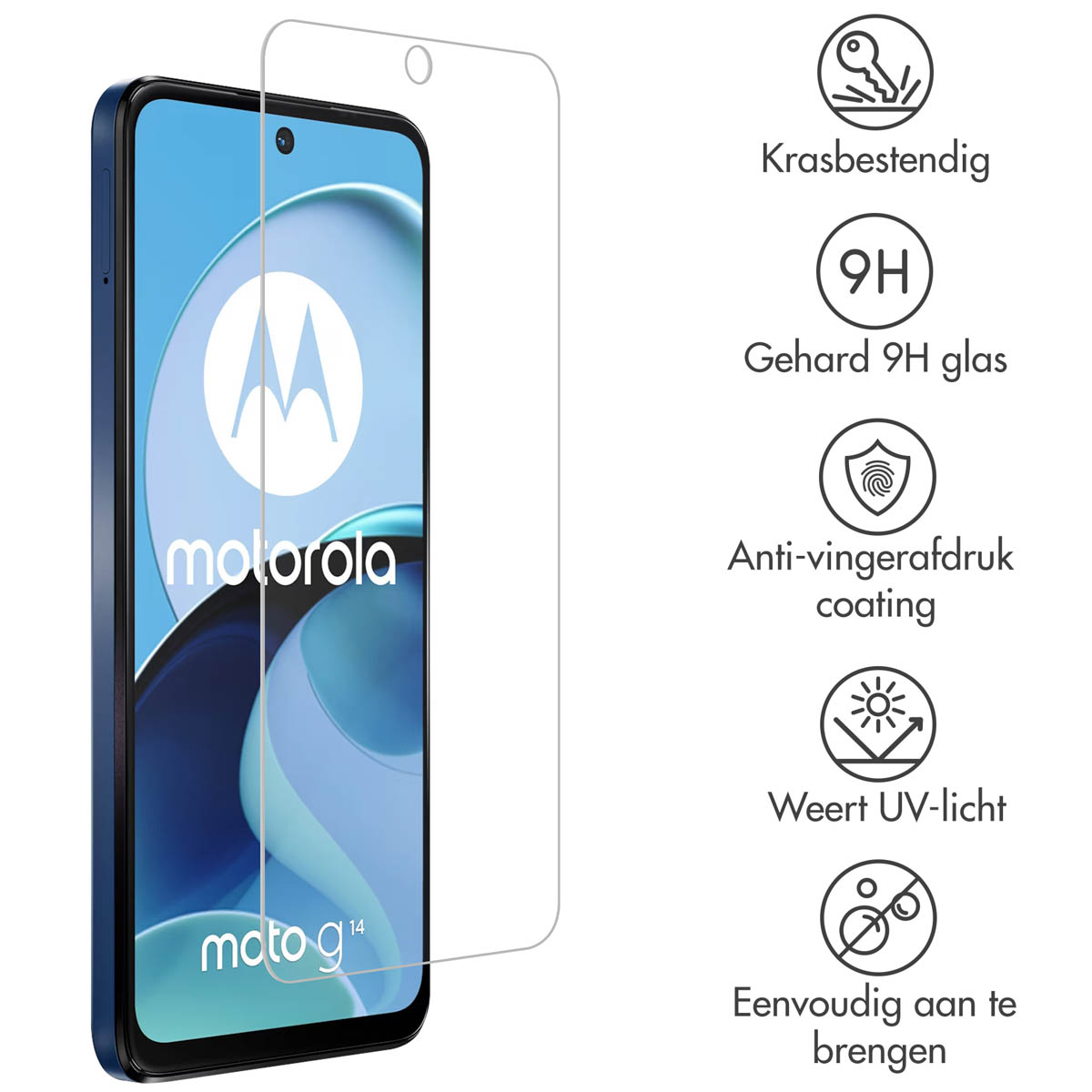 Motorola telefoon met schermbeschermer. Kenmerken: krasbestendigheid, 9H glas en anti-vingerafdruk coating.