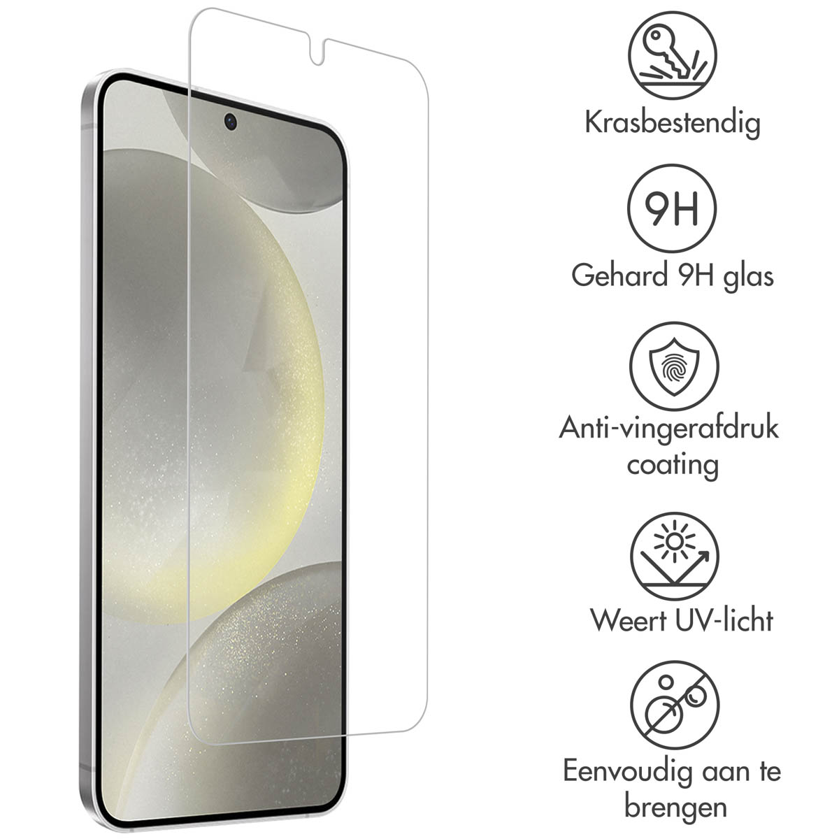 Phone with screen protector applied, with various icons indicating features like scratch resistance, 9H glass etc.