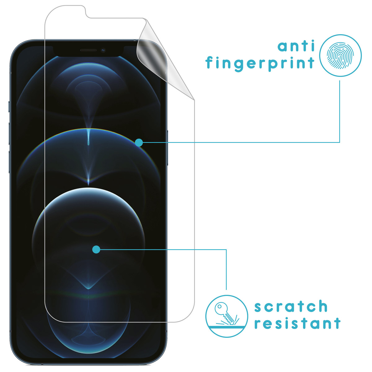 Telefoon met schermbeschermer. Eigenschappen zijn anti-vingerafdruk en krasbestendig.