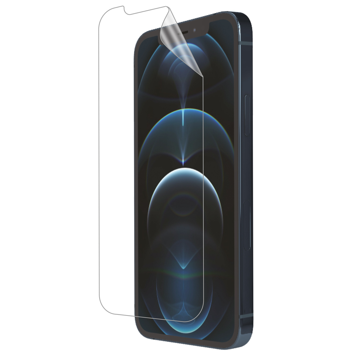 Telefoon met schermbeschermer die wordt aangebracht. De beschermer is gedeeltelijk losgemaakt, waardoor het scherm zichtbaar is.