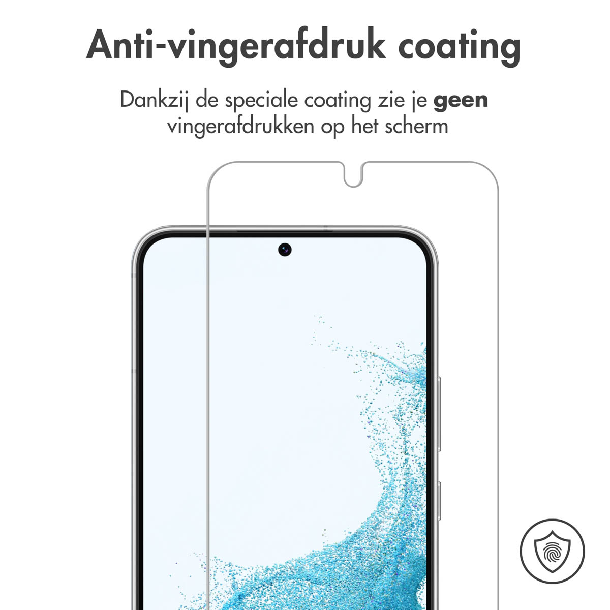 Phone with screen protector. Shows anti-fingerprint coating, and the screen.
