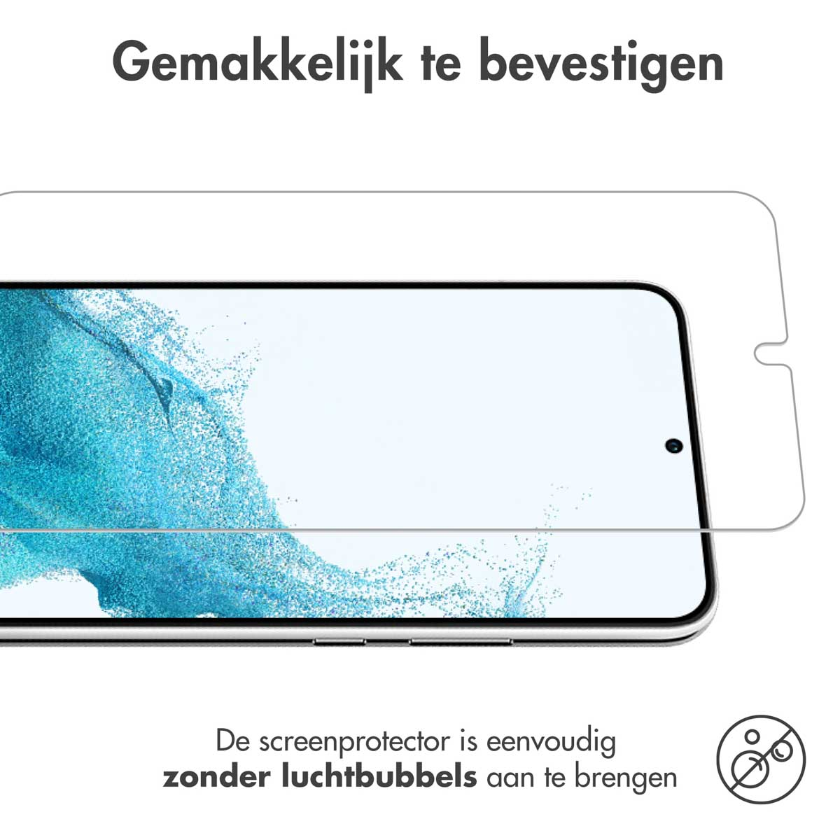 A screen protector is shown being applied to a smartphone screen. Easy application.