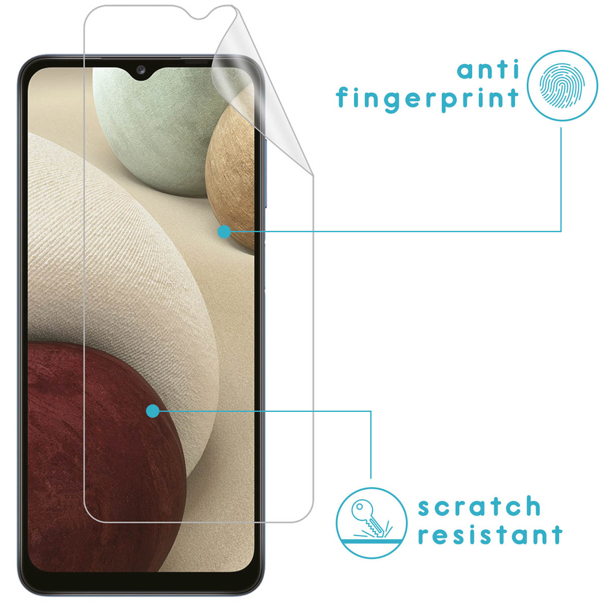 Téléphone avec protecteur d'écran appliqué, montrant les étiquettes anti-traces et résistant aux rayures.