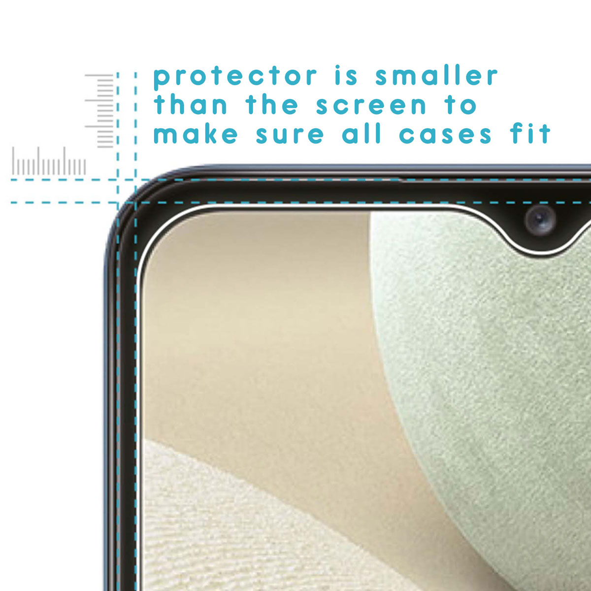 Gros plan d'un écran de téléphone avec protecteur. Le texte indique que le protecteur est plus petit pour que tous les étuis s'adaptent.