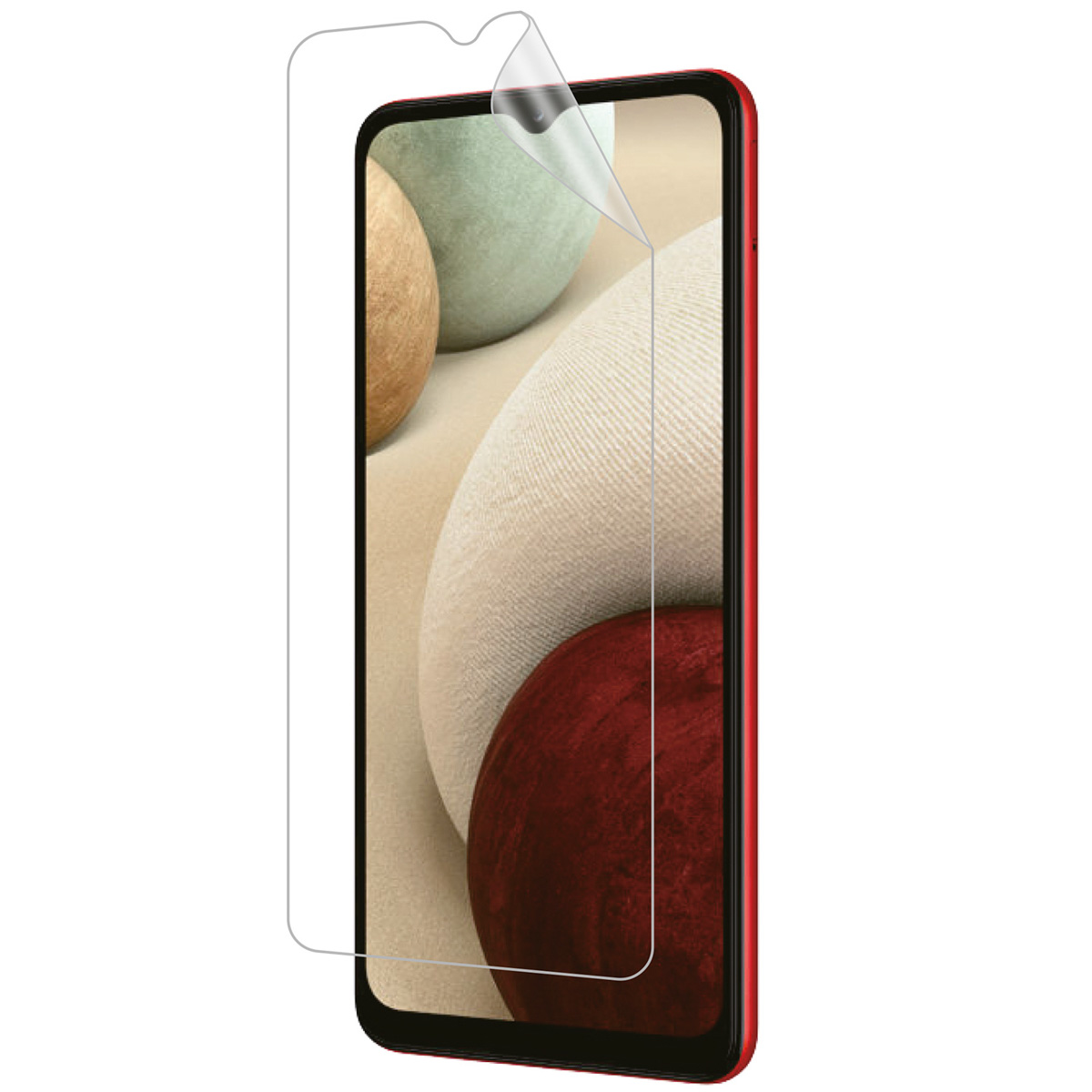 Un smartphone rouge avec un protecteur d'écran appliqué. L'écran affiche des sphères floues beiges, vertes et rouges.
