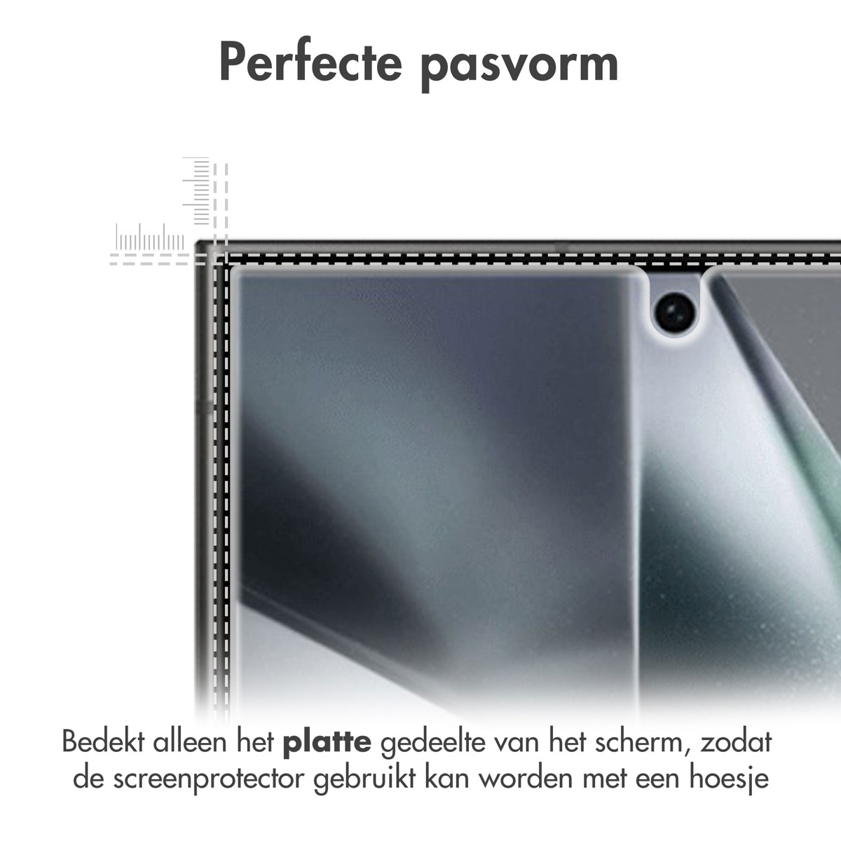 Close-up van een screenprotector. De screenprotector bedekt het platte deel van het scherm.