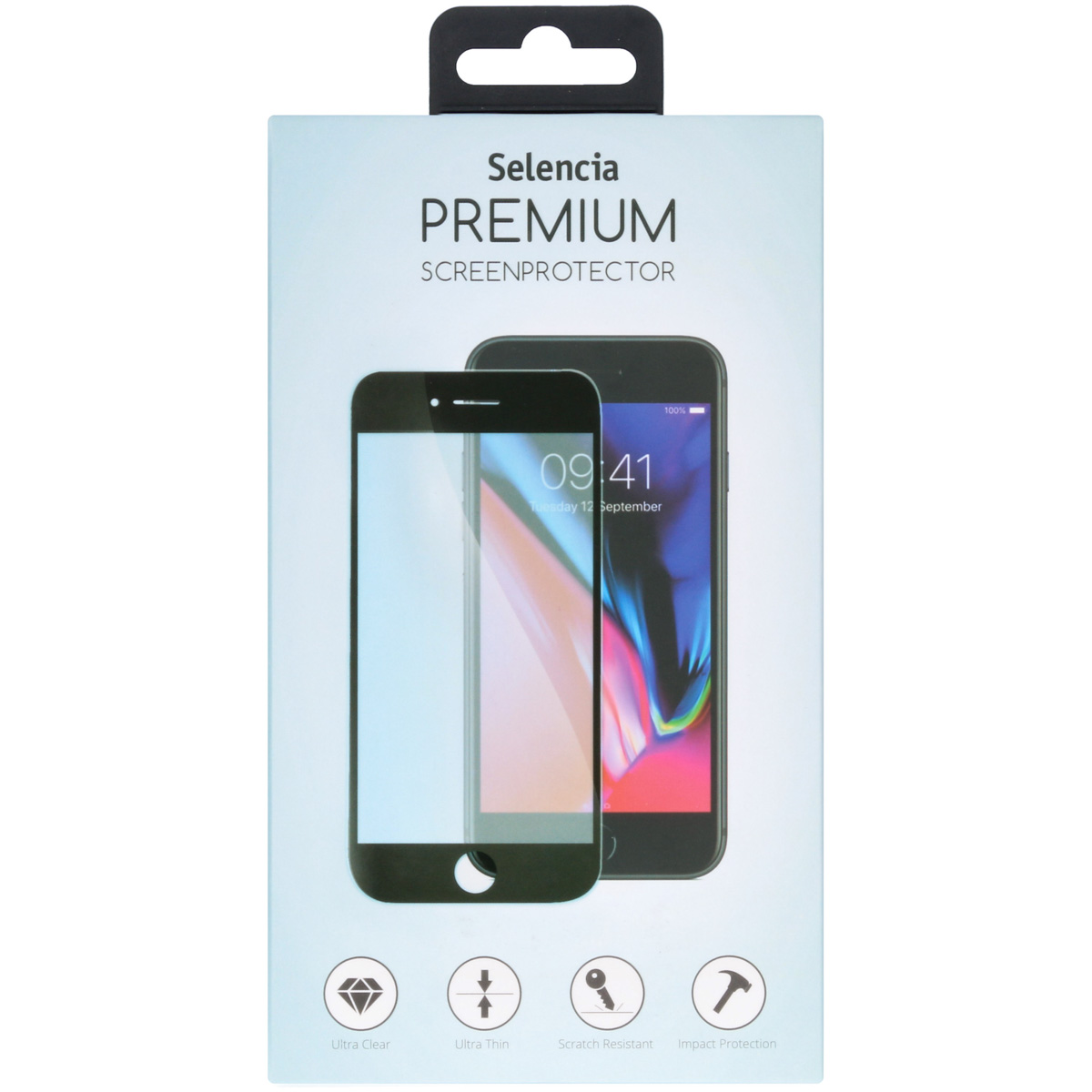 Packaging for a Selencia Premium screen protector showing two smartphones.