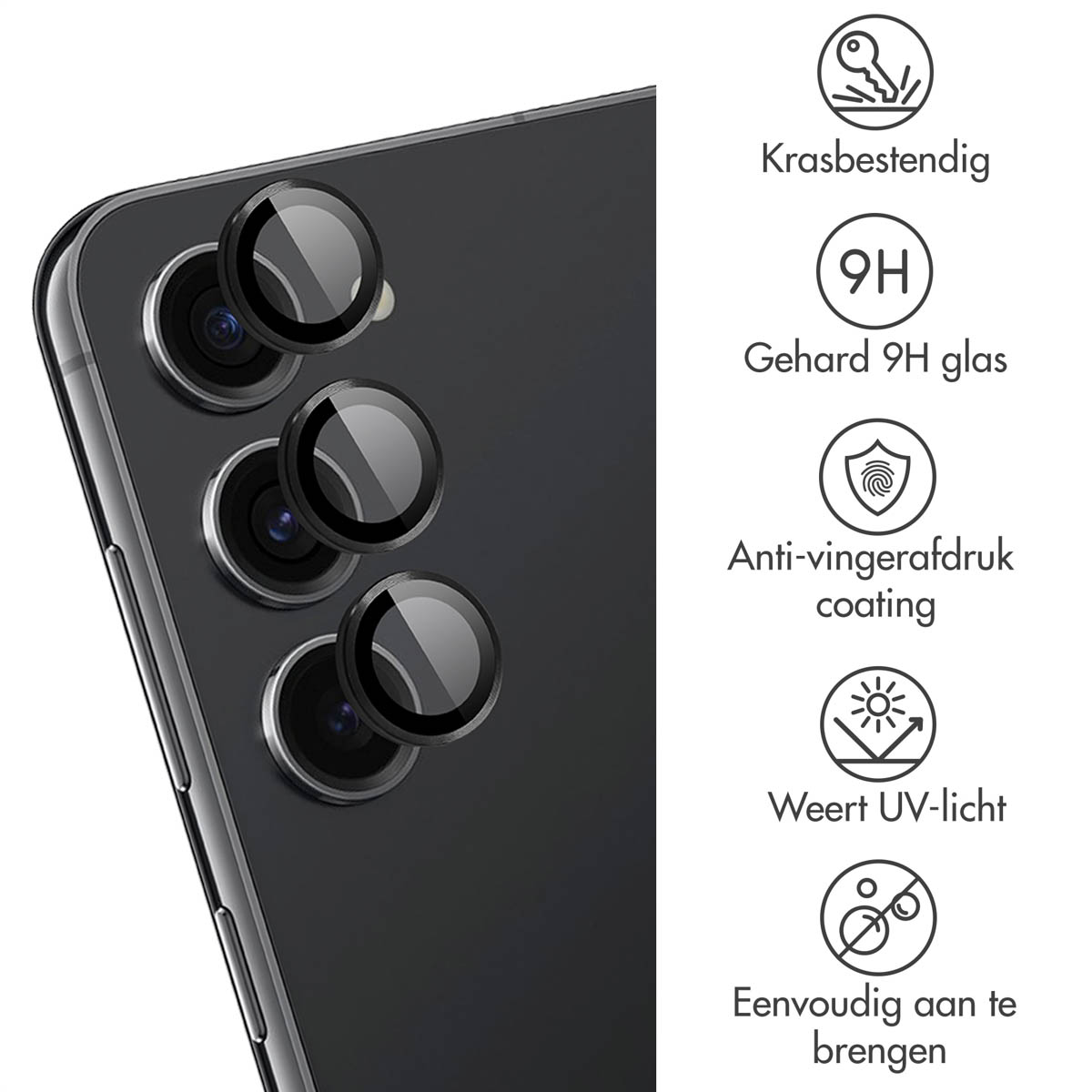 Zwarte telefoonachterkant. Cameralenzen met lensbeschermers en iconen die functies aangeven.