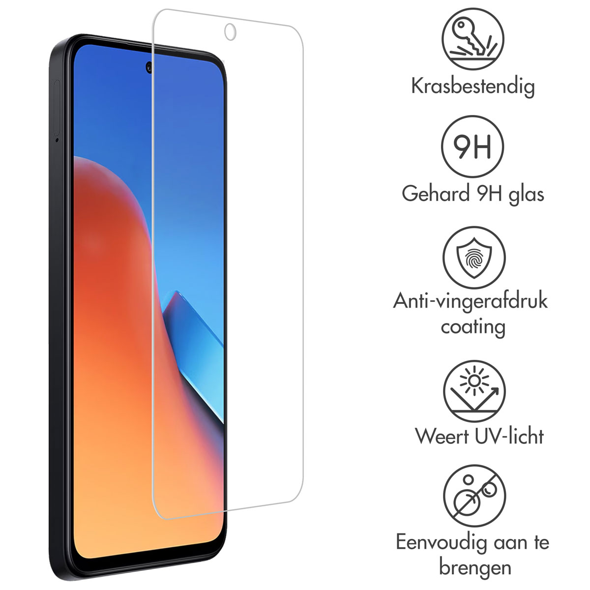 Phone with screen protector applied. Features: scratch-resistant, 9H glass, anti-fingerprint, UV light protection.