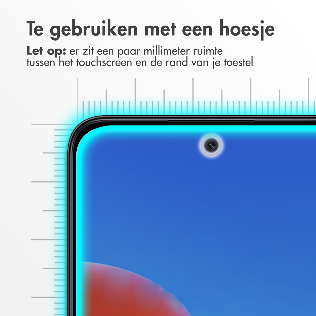A phone screen with a blue glow around the edges. The screen has a front-facing camera.