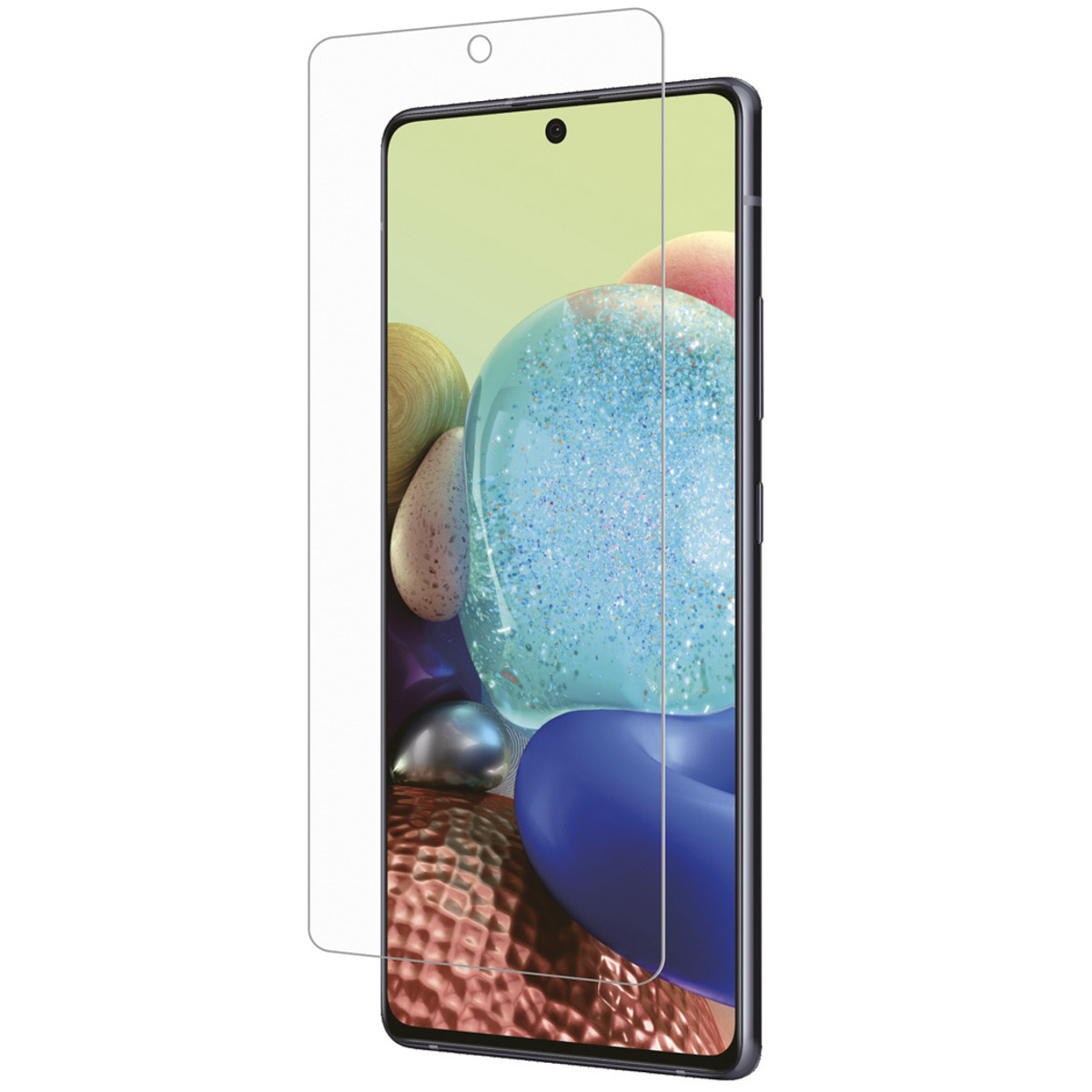 Een transparante schermprotector ligt over een smartphone met kleurrijke abstracte achtergrond.
