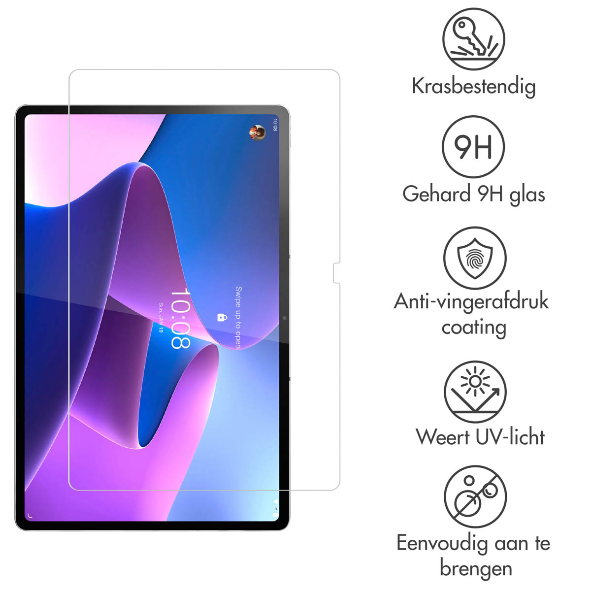 Tablet with screen protector. Shows the tablet with the screen protector installed and icons.