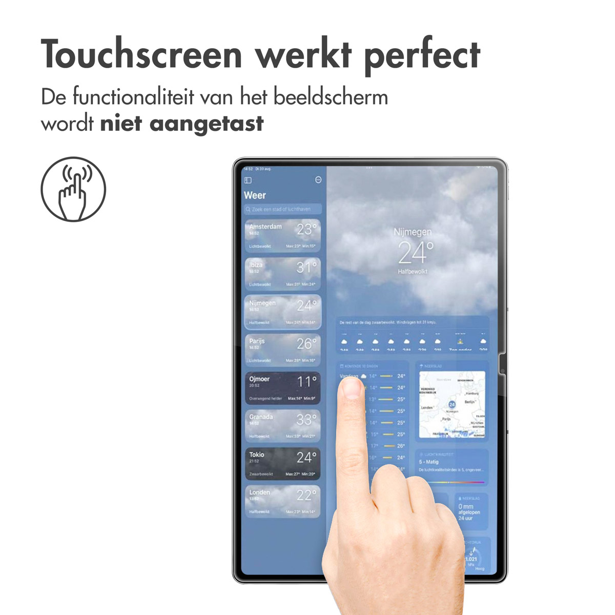 An iPad displaying a weather app on its screen, showcasing perfect touchscreen functionality.