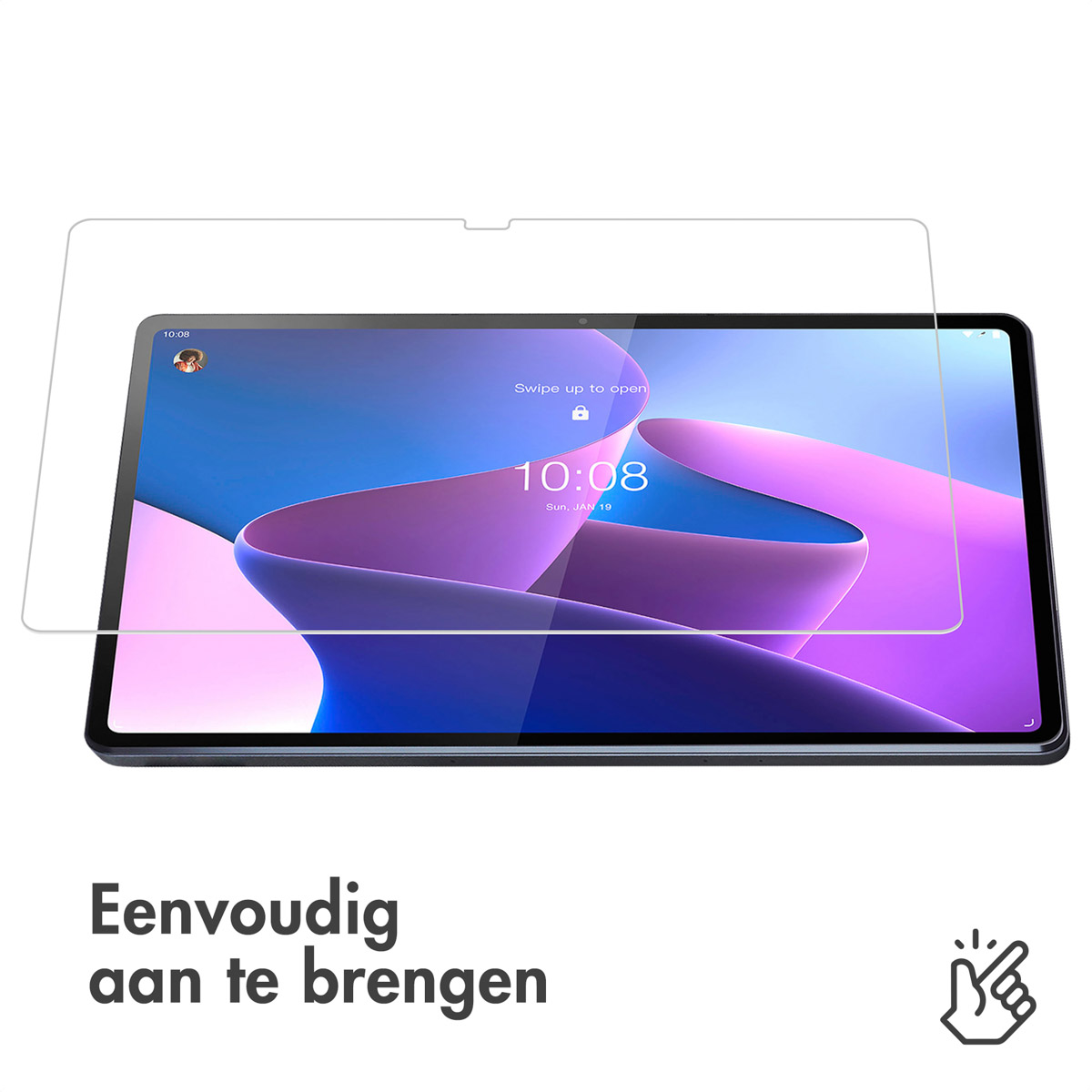 Tablet with screen protector. Transparent protector over the screen. Tablet is black.