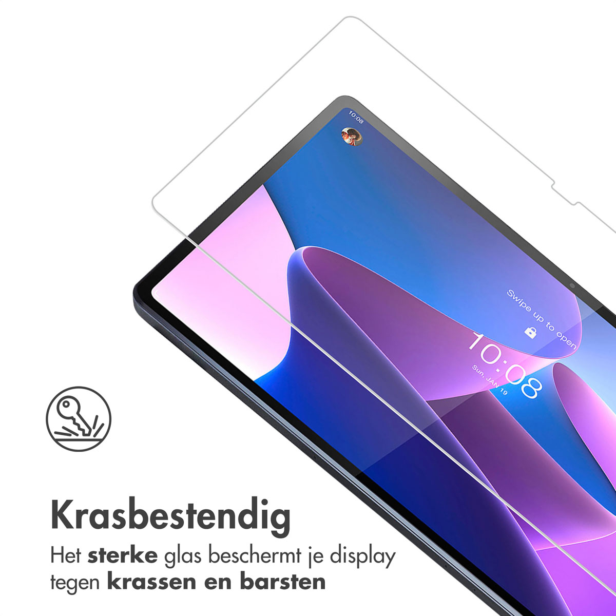 Tablet with screen protector. The screen displays an image. Text indicates scratch resistance.