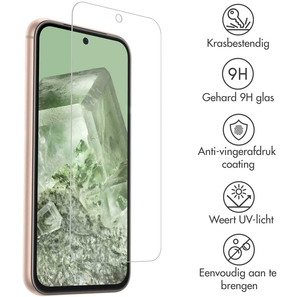 Telefoon met schermbeschermer. Toont functies zoals 9H glas en UV-bescherming.
