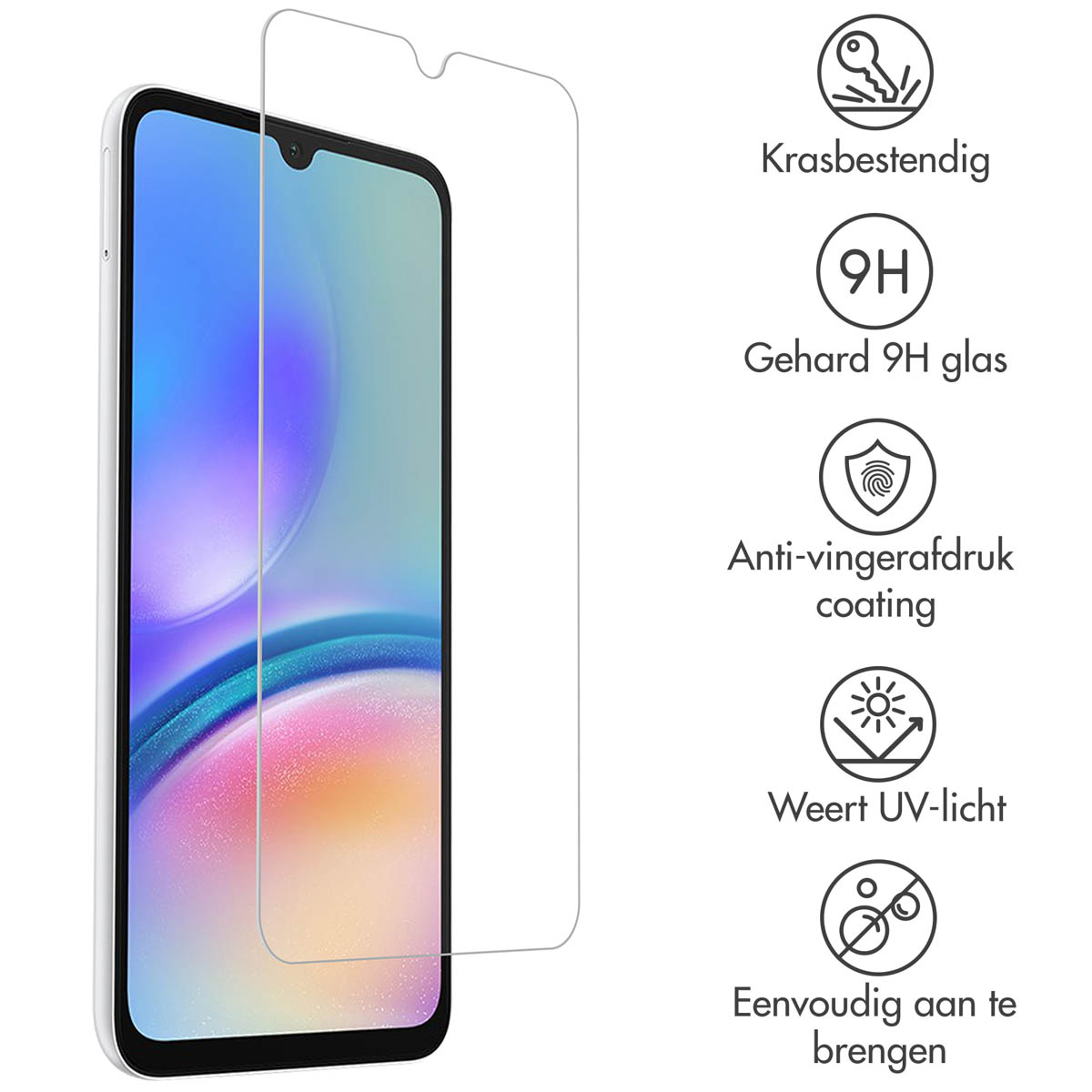 A phone with a screen protector. Features include scratch resistance, 9H glass, and anti-fingerprint coating.