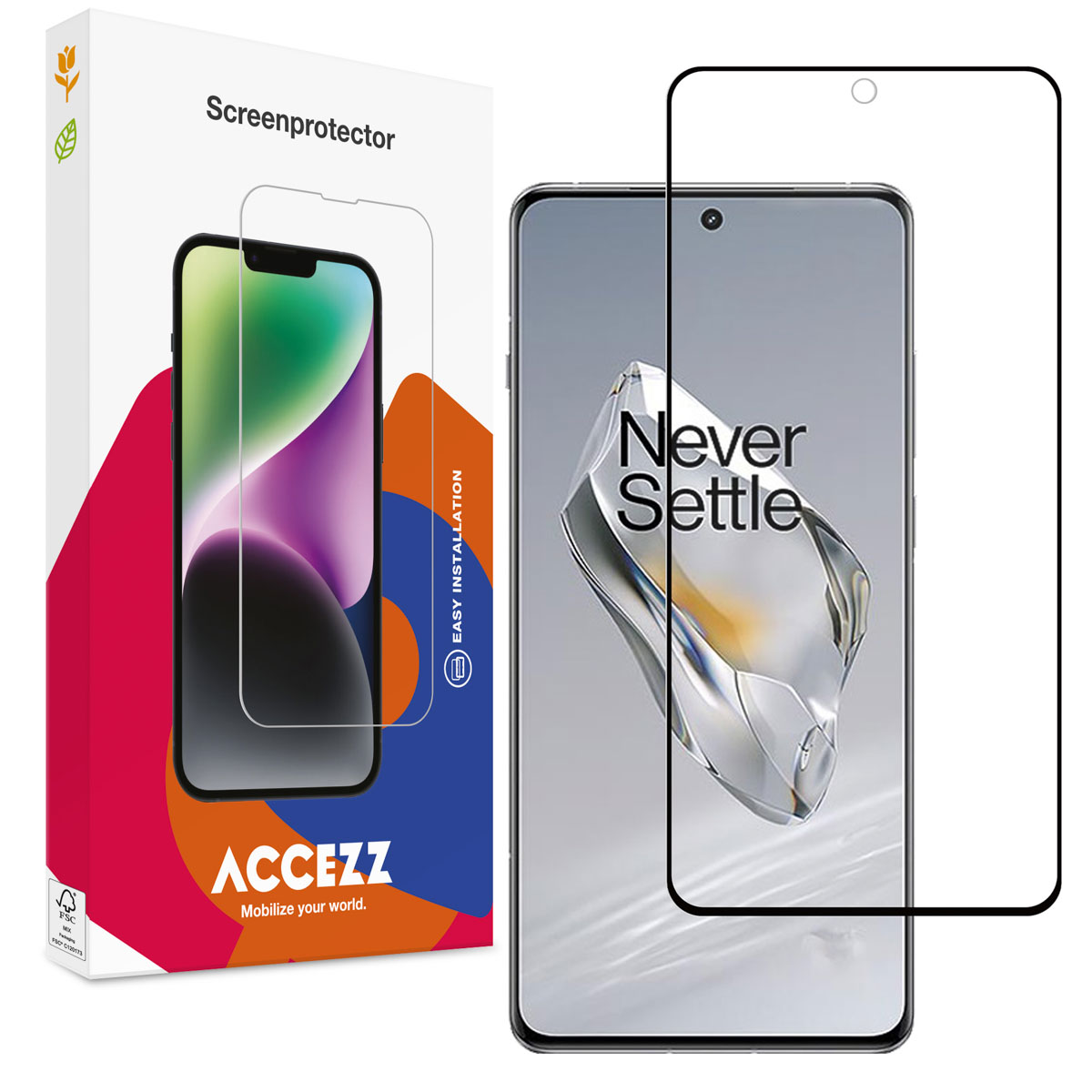 Telefoon en schermbeschermer in doos. Tekst zegt 'Eenvoudige installatie' en 'Mobiliseer je wereld'.