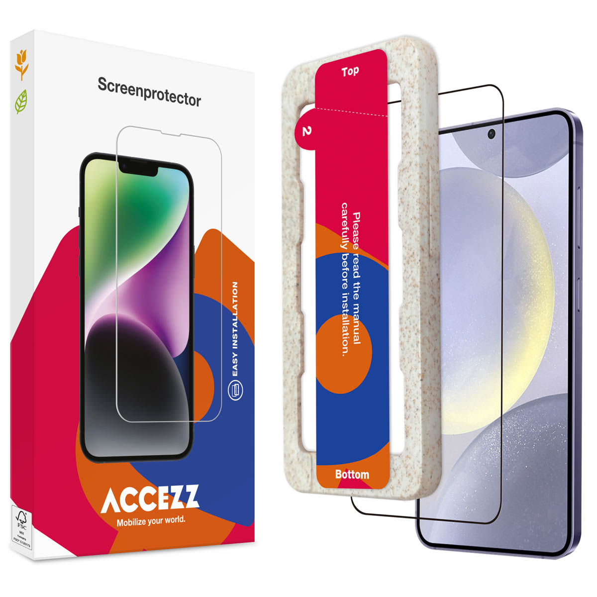 Téléphone, protecteur d'écran et boîte. Le téléphone est violet. Le protecteur d'écran est transparent. La boîte a un texte d'installation facile.