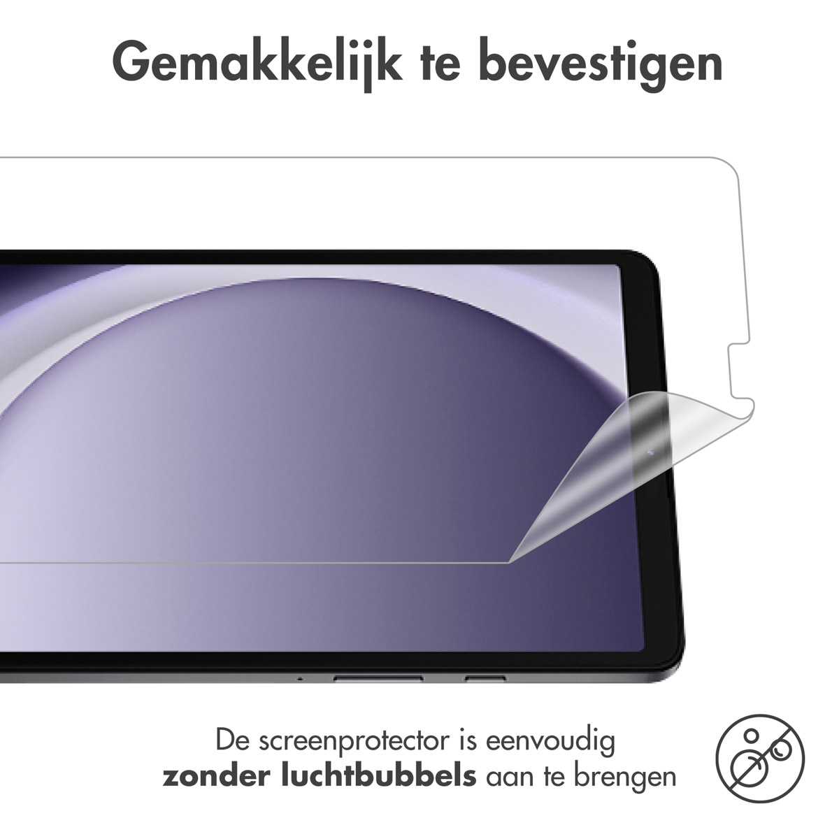 Tablet with screen protector. Screen protector is being applied. White background.