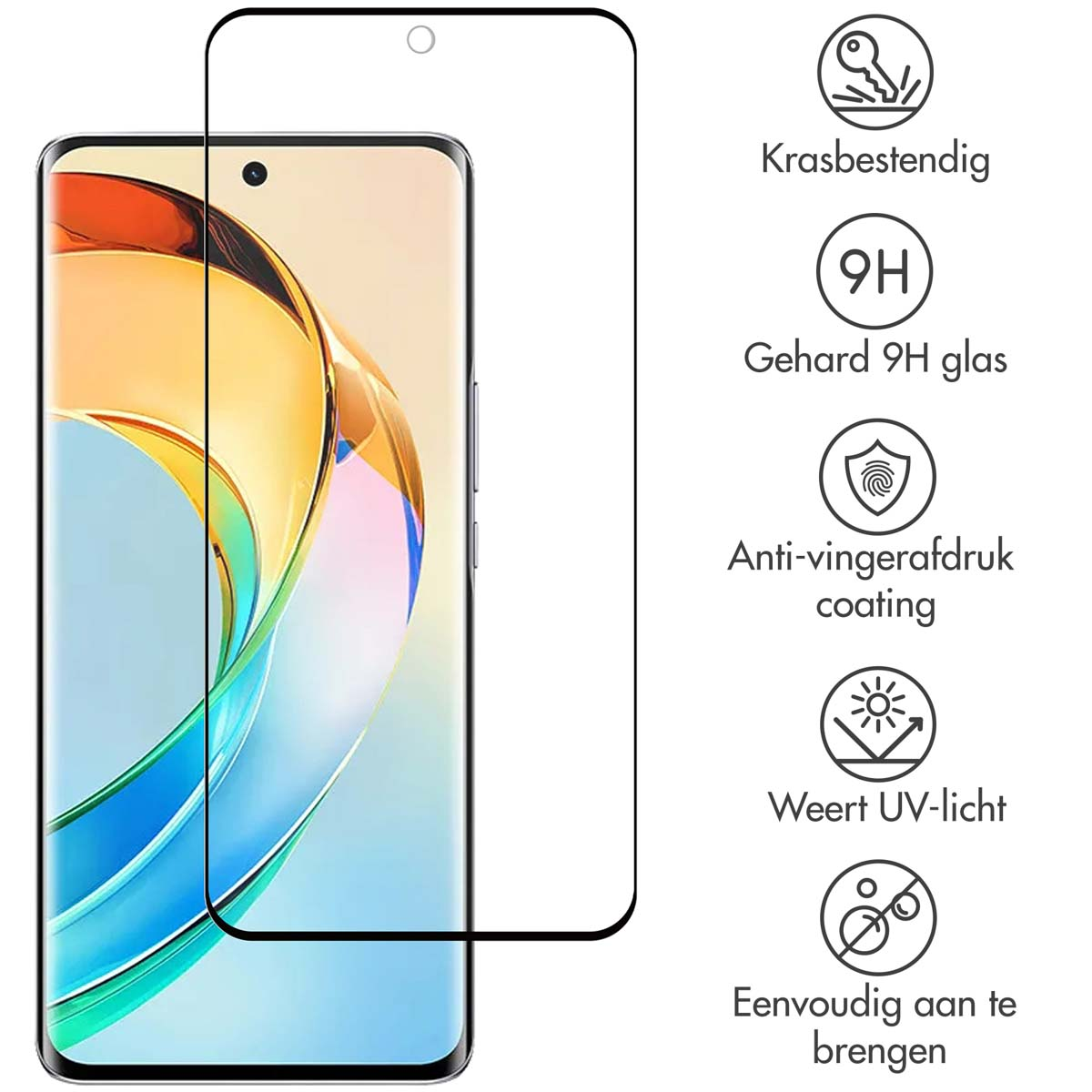 Een telefoon met een schermbeschermer aangebracht. Tekst en iconen voor anti-vingerafdruk en krasbestendig.