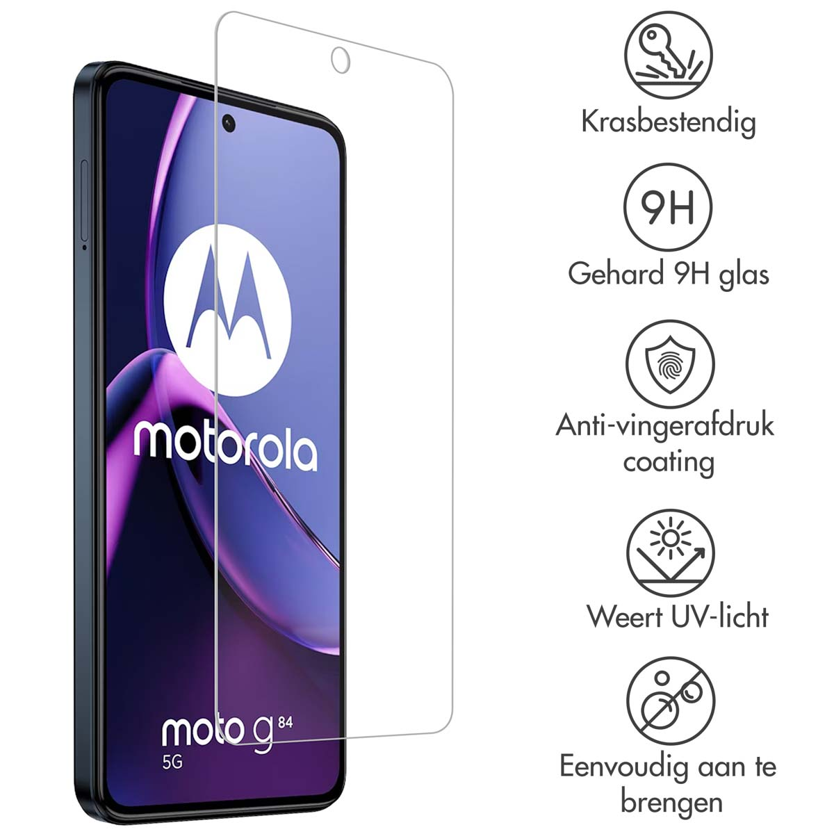 A Motorola phone with screen protector. The screen protector is transparent, and icons are present on the right.