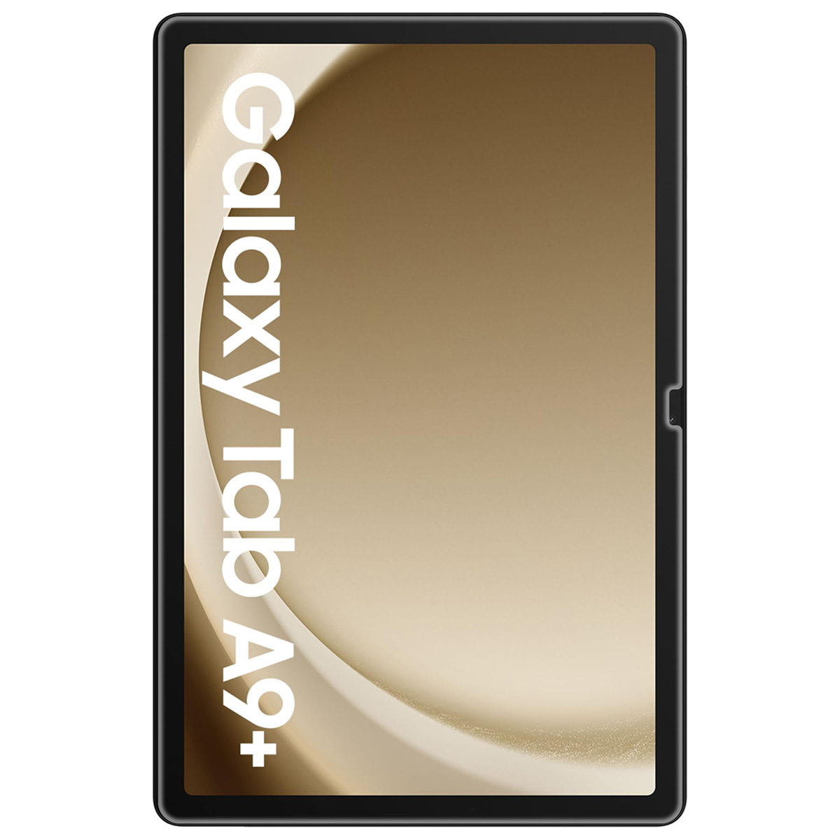 Tablet with the text "Galaxy Tab A9+" written on the screen, against a brown gradient background.