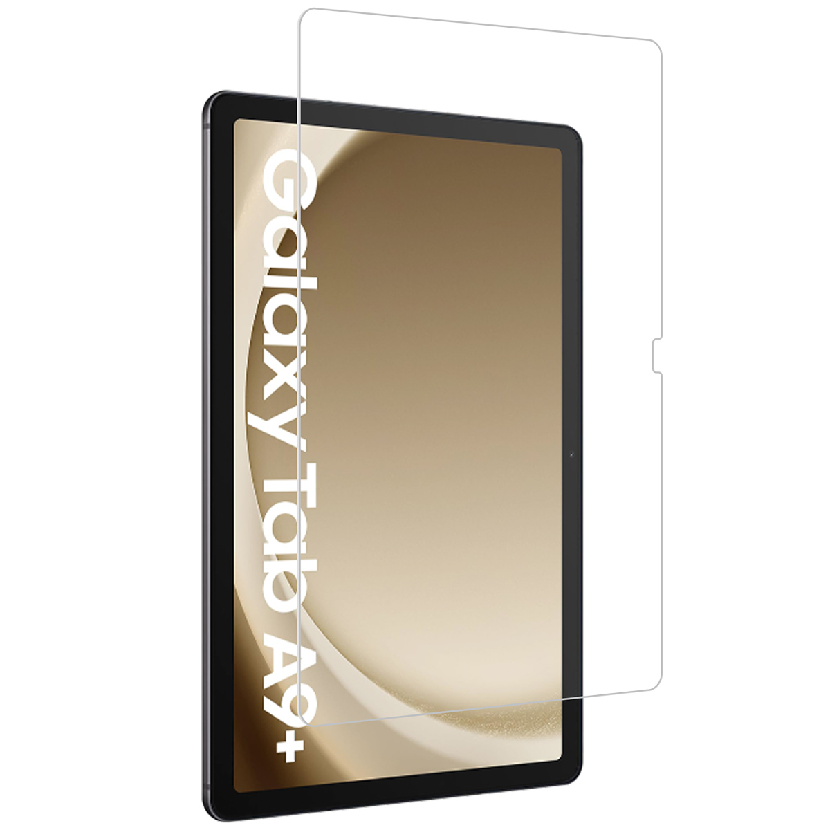 Galaxy Tab A9+ with screen protector. Clear screen protector over the screen.