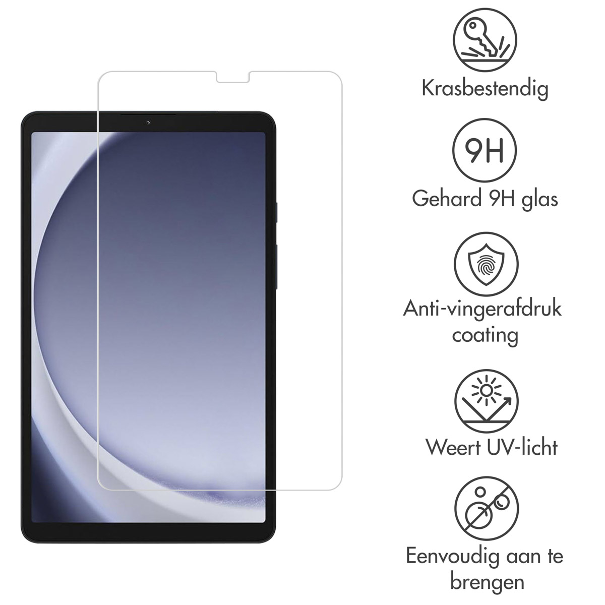 Tablet with screen protector and icons indicate scratch-resistant, 9H glass, and anti-fingerprint coating.