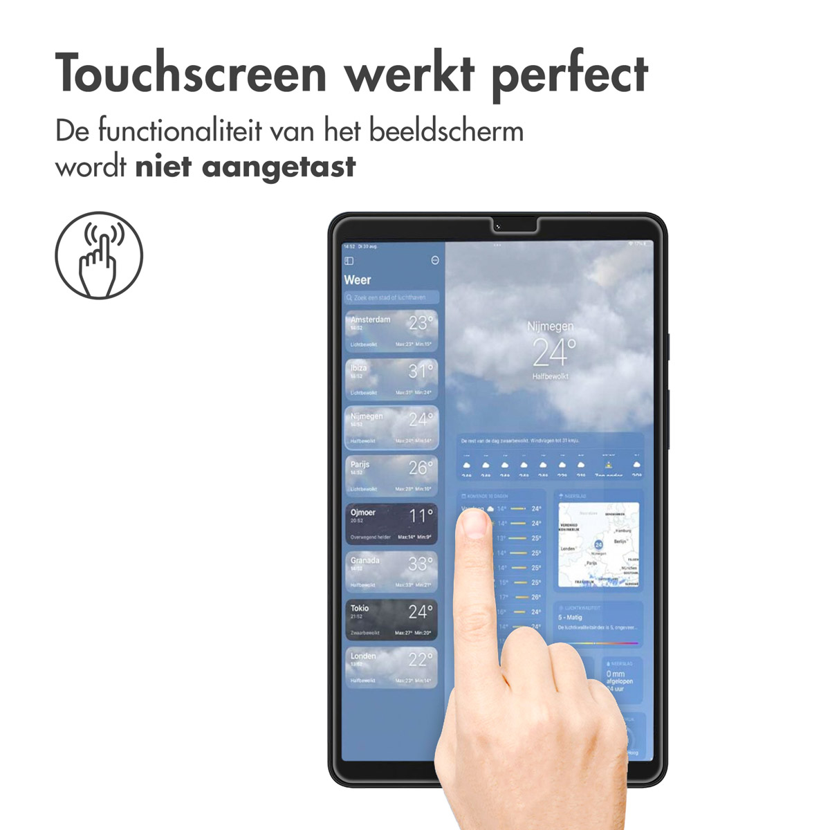 Tablet screen displaying weather information, with a finger touching the screen.