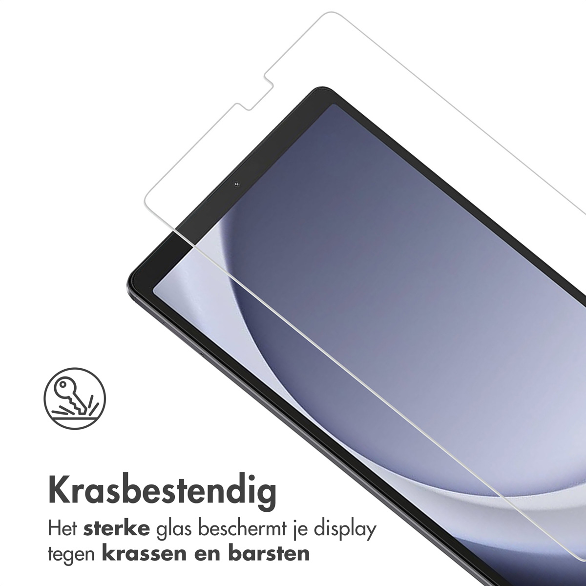 Tablet screen with a glass screen protector, and a key icon indicating scratch resistance.