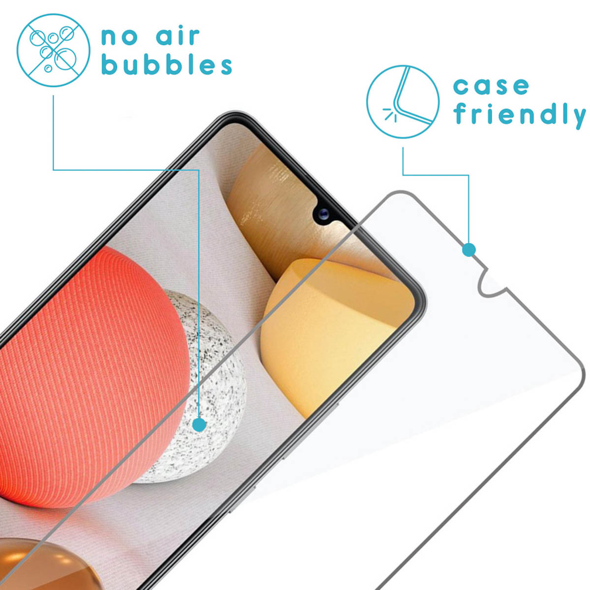 Phone with screen protector applied. Text displays 'no air bubbles' and 'case friendly'.