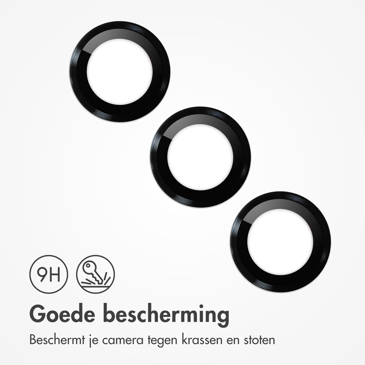 Three black camera lens protectors on a white surface. Text highlights good camera protection.