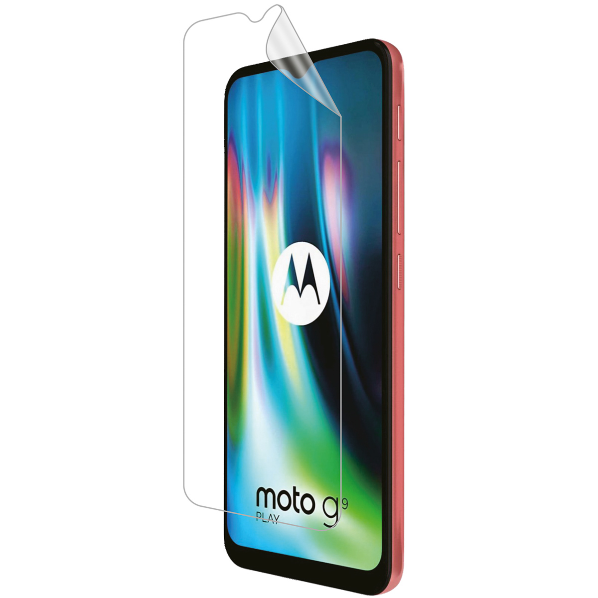 Een rode smartphone met een deels aangebrachte schermprotector.