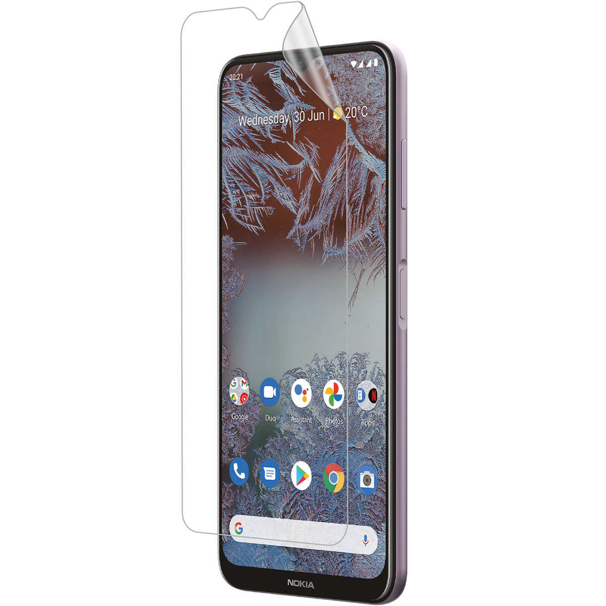 Phone with screen protector partially lifted. Phone screen shows apps and date. Protector partially lifted.