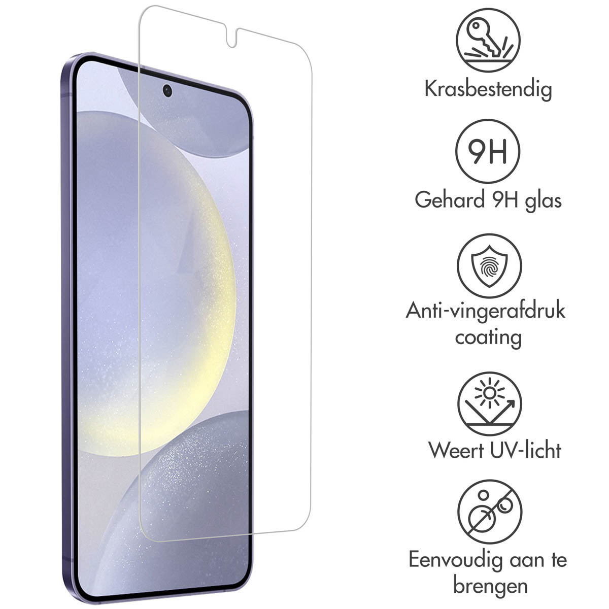Phone with screen protector, transparent, features are shown on right side.