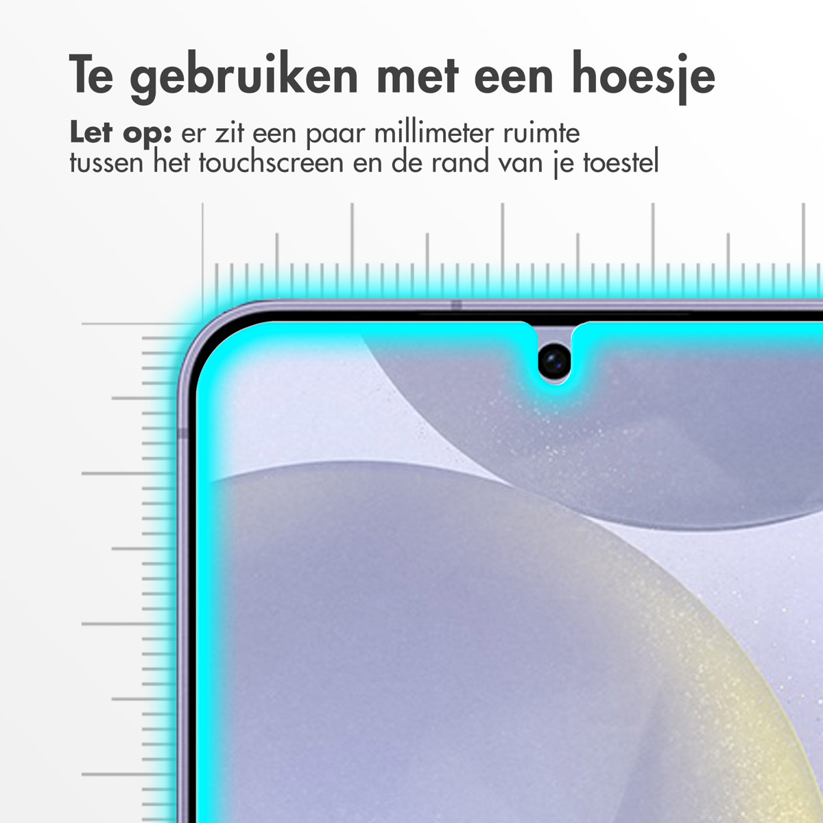Phone with screen protector. Protector leaves space for the case. Close-up view.