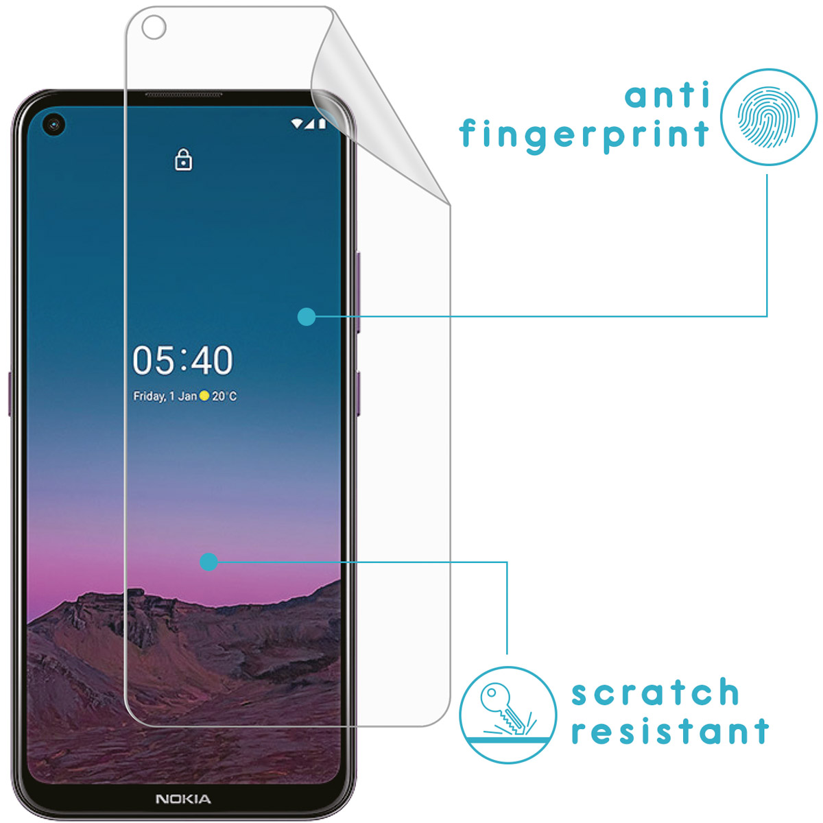 A phone with a screen protector being applied. Text says anti-fingerprint, scratch resistant.