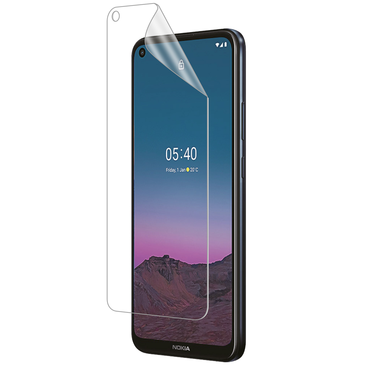 A screen protector is being applied to a Nokia smartphone showing a locked screen.