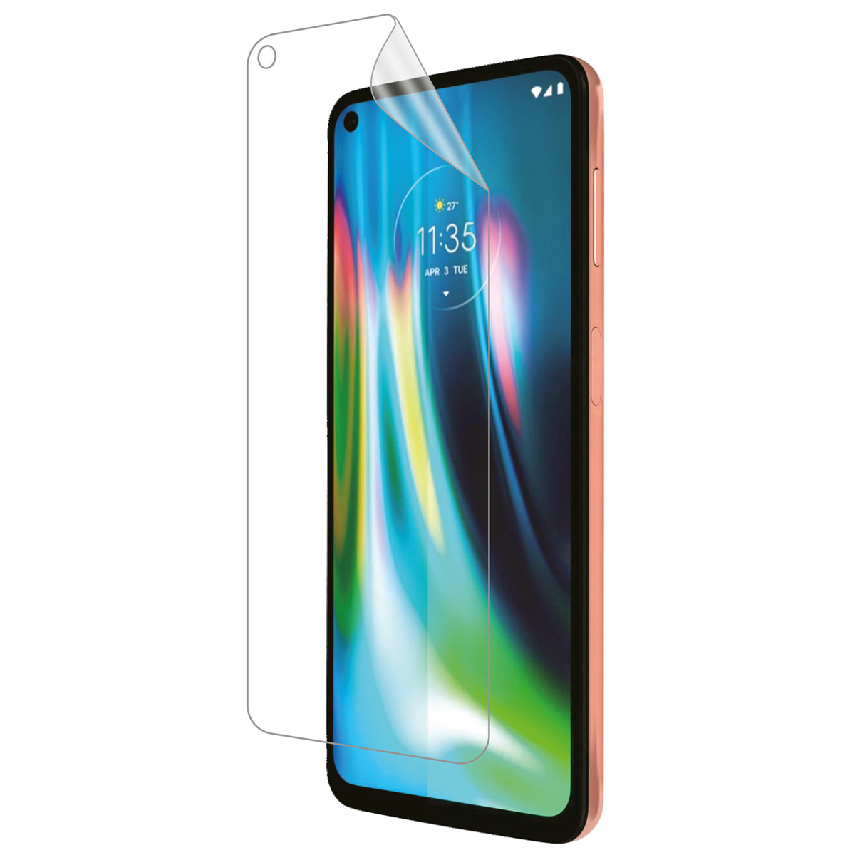 A phone with a screen protector. The screen shows the time and date. The phone has a pink frame.