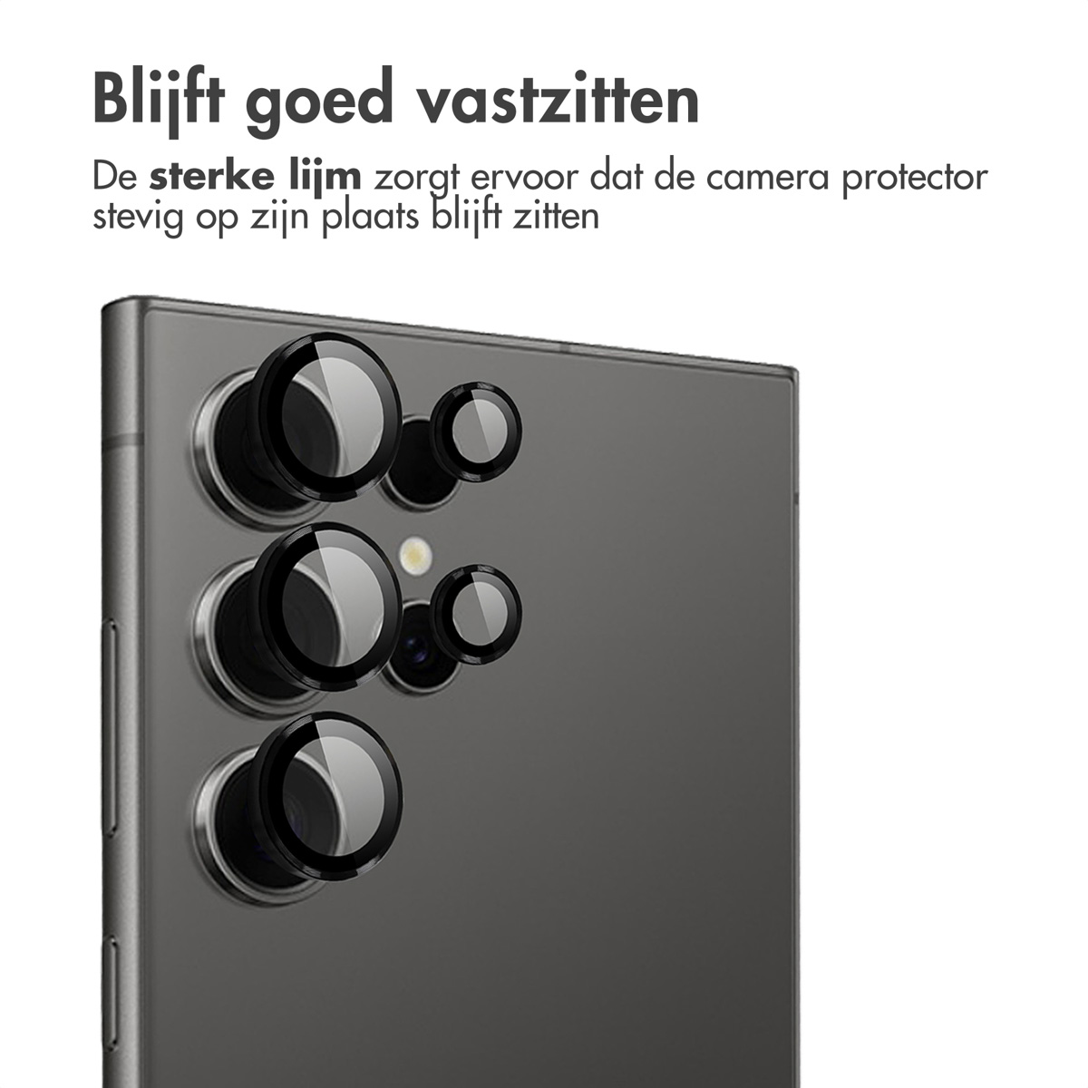 Telefoon met camerabeschermers, die een sterke lijm laten zien. De beschermers zijn op de achterkant van de telefoon geplaatst.