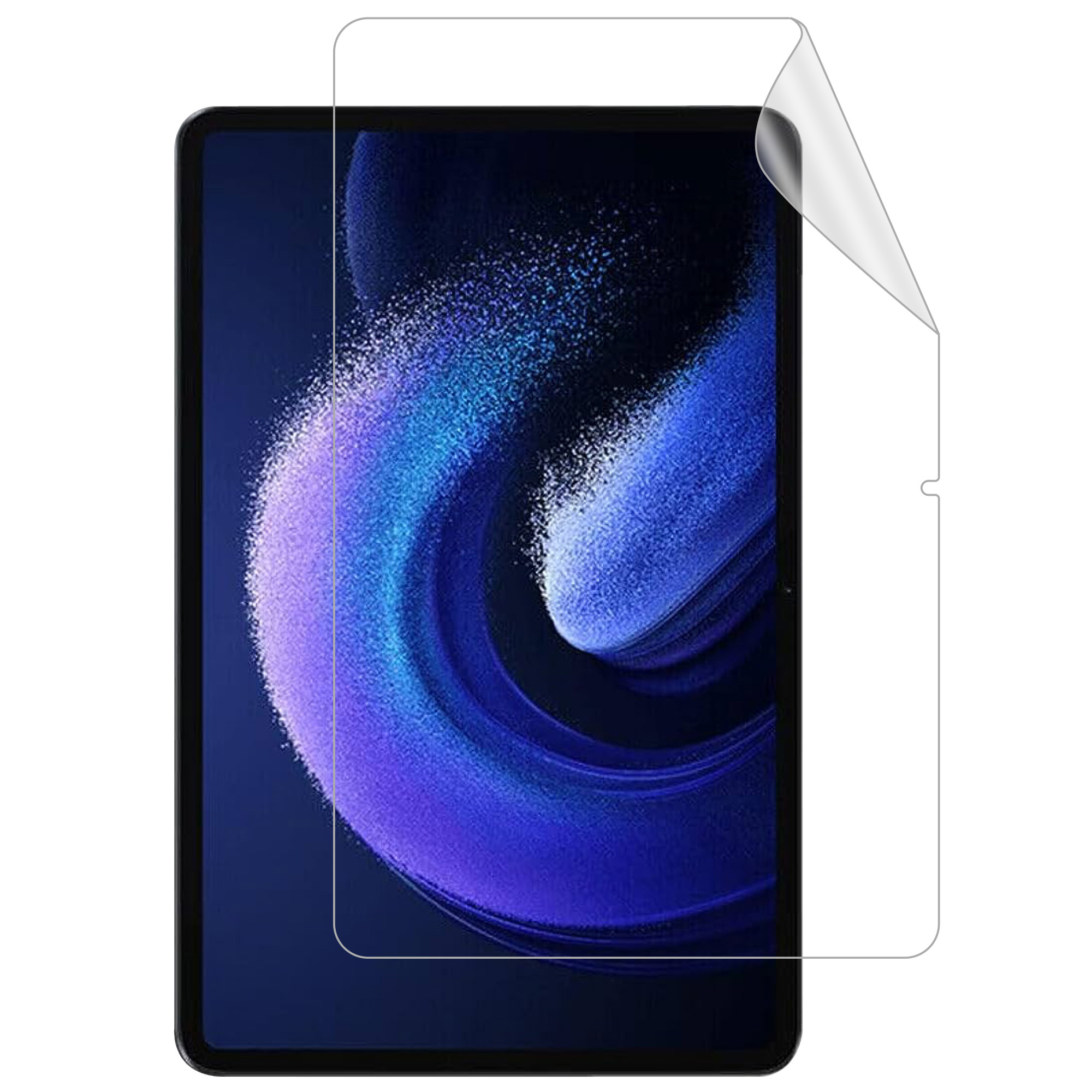 A clear screen protector is placed on a tablet with a blue background. The corner is lifted.