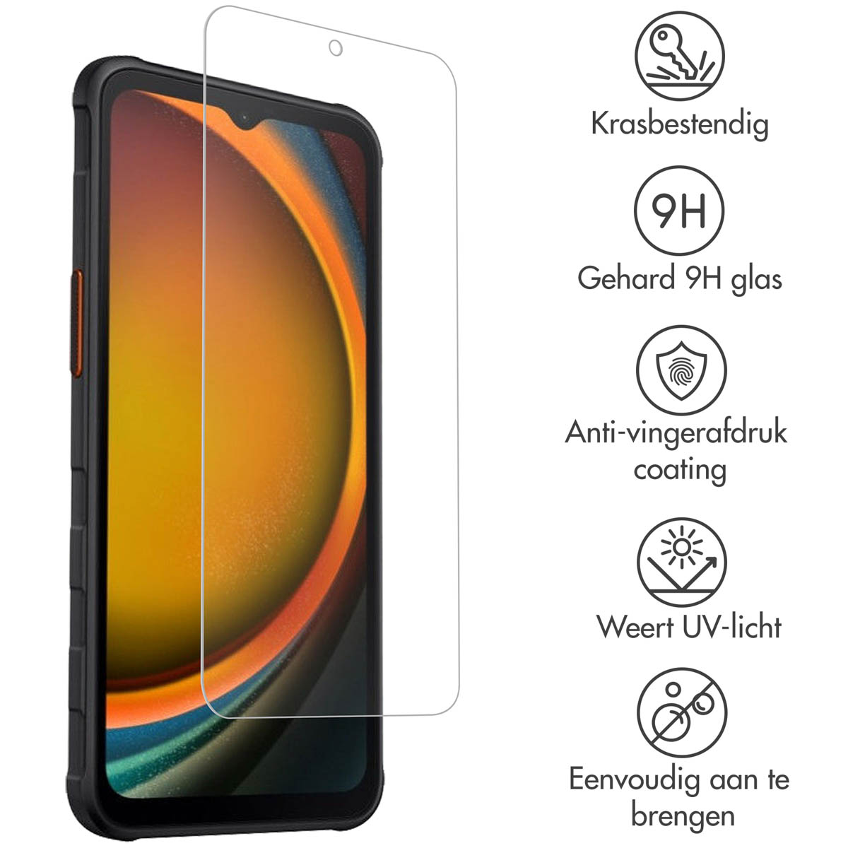 Telefoon met schermbeschermer en hoesje. Tekst: 'Krasbestendig', 'Gehard 9H glas' en anderen.