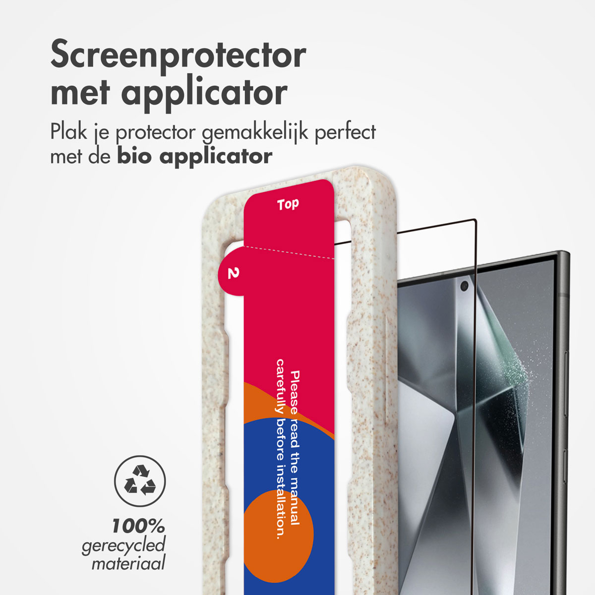 A screen protector with an applicator is shown. The applicator is beige and red. The phone is on the right.