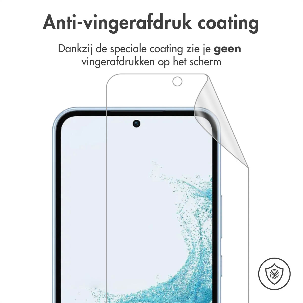 Un téléphone avec un protecteur d'écran appliqué. Le texte dit 'Revêtement anti-traces de doigts'.
