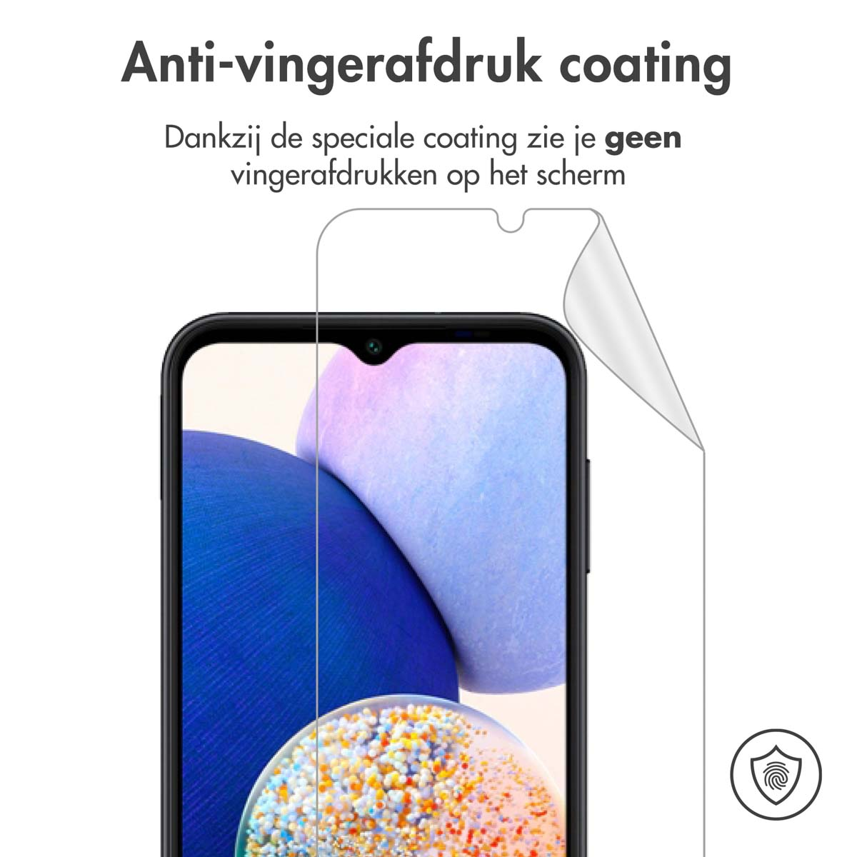 Phone screen with a screen protector being applied. The protector is anti-fingerprint and is being peeled.