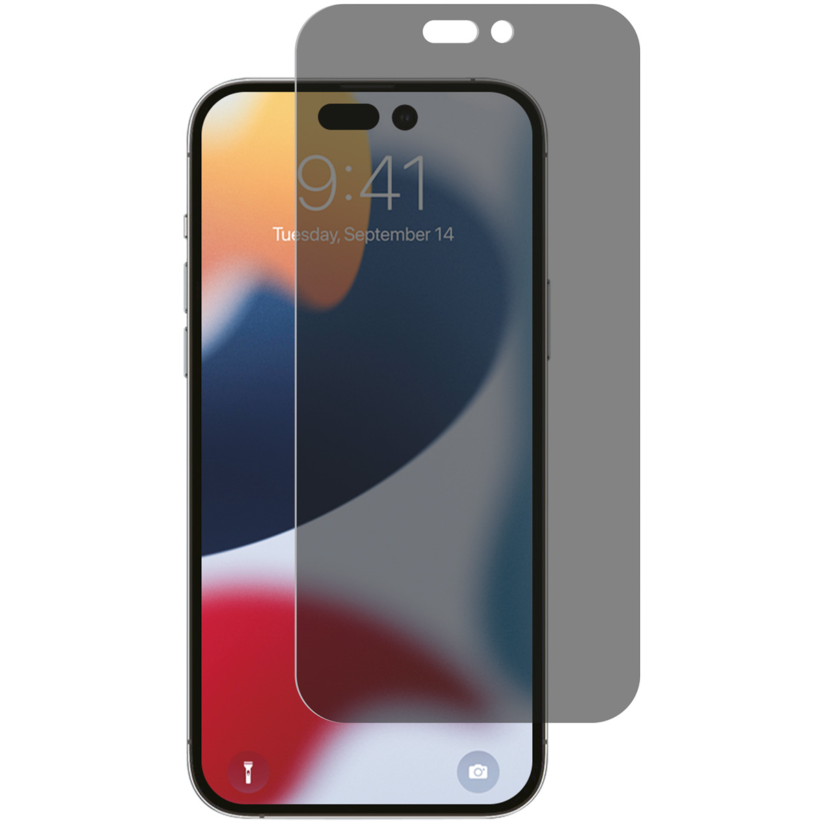 Telefoon met privacy screen protector aangebracht. Het scherm toont tijd en datum.