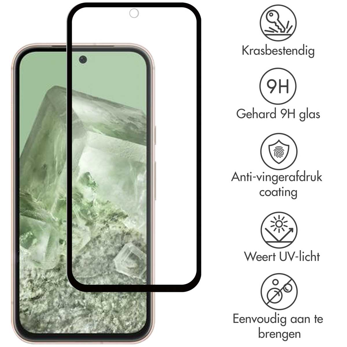 Telefoon met glazen schermbeschermer, met pictogrammen voor krasbestendigheid, 9H glas en UV-bescherming.