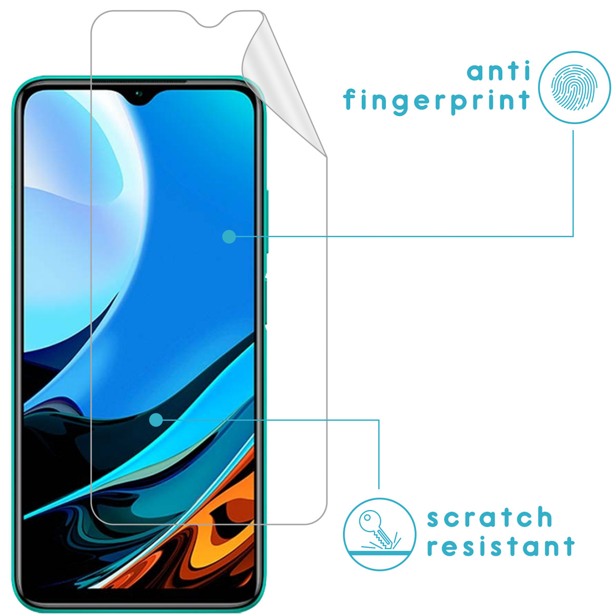 A screen protector is being peeled from a phone screen. Text says anti fingerprint and scratch resistant.