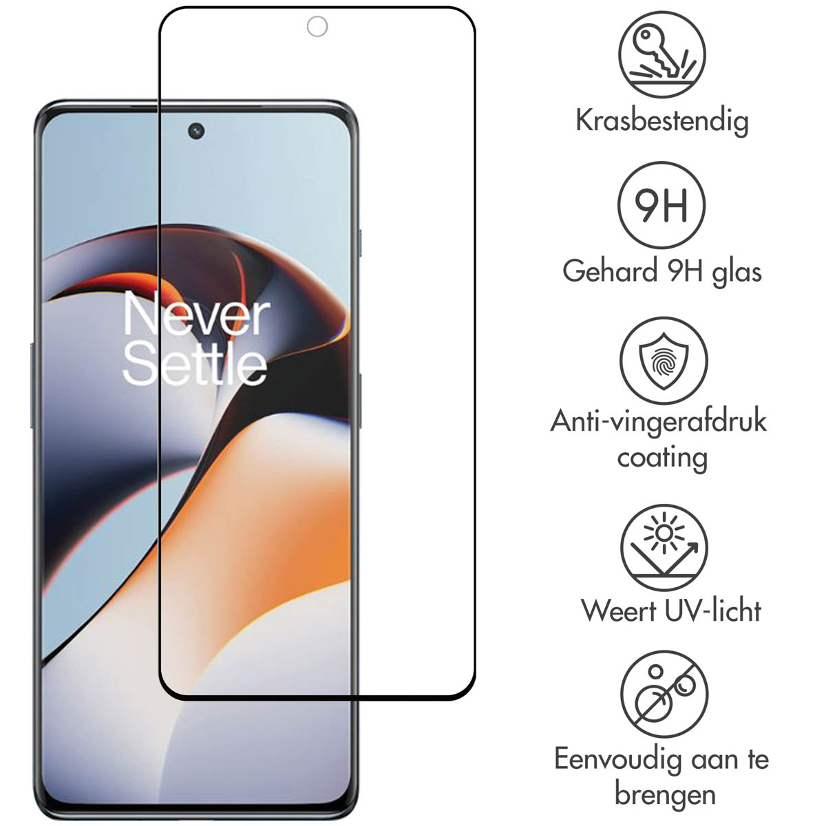 Phone with screen protector applied. Text highlights scratch resistance and other features.